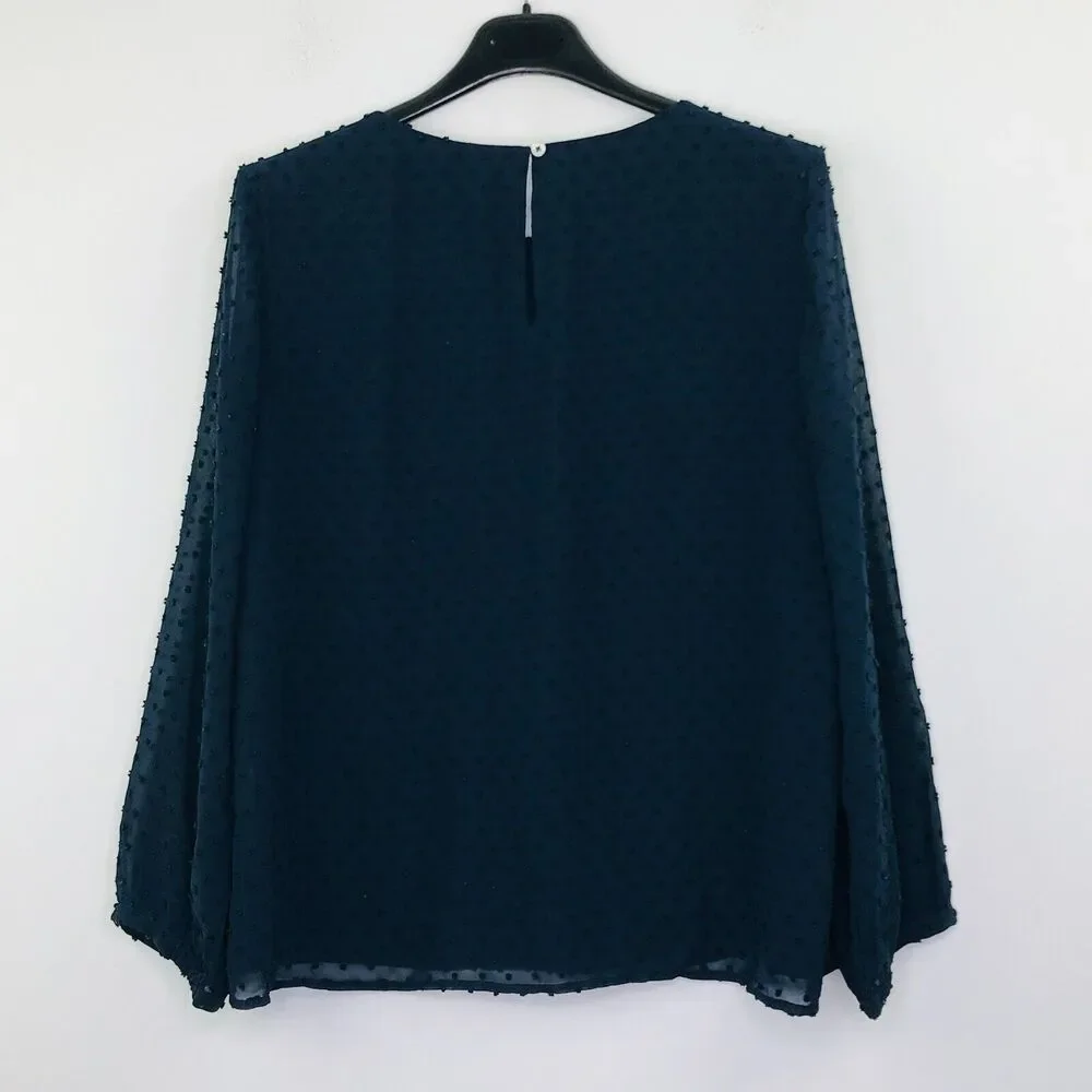 J Crew Women's 8 Blouse Blue Ruffle Front Clip Dot Swiss Long Sleeve J6918 BT7